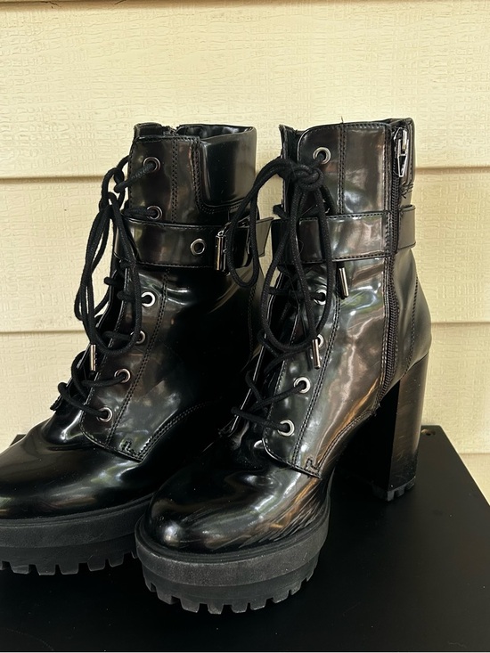 Bershka Shoes - Bershka Black Patent Lace-Up Lug-Heel Combat Boots